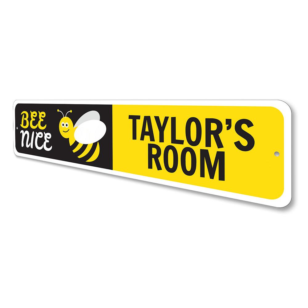 A decorative Bee Sign made of high-quality aluminum, featuring vibrant colors and customizable text, perfect for kids' rooms and unique gifts.