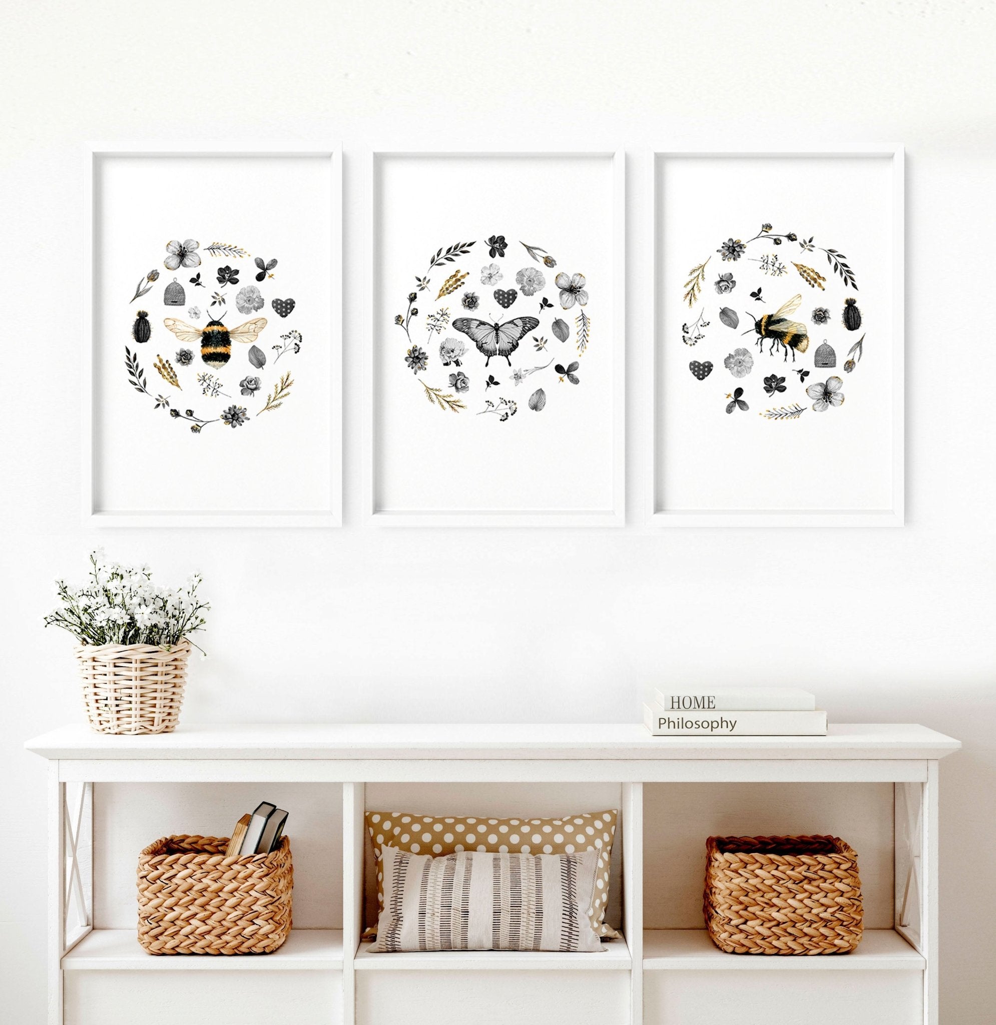 A set of 3 bee-themed wall art prints showcasing intricate designs and vibrant colors, perfect for entryway decor.