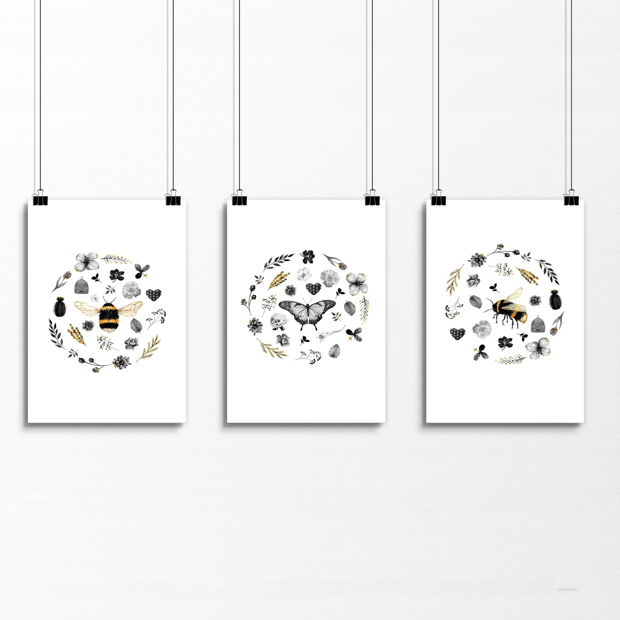 A set of 3 bee-themed wall art prints showcasing intricate designs and vibrant colors, perfect for entryway decor.