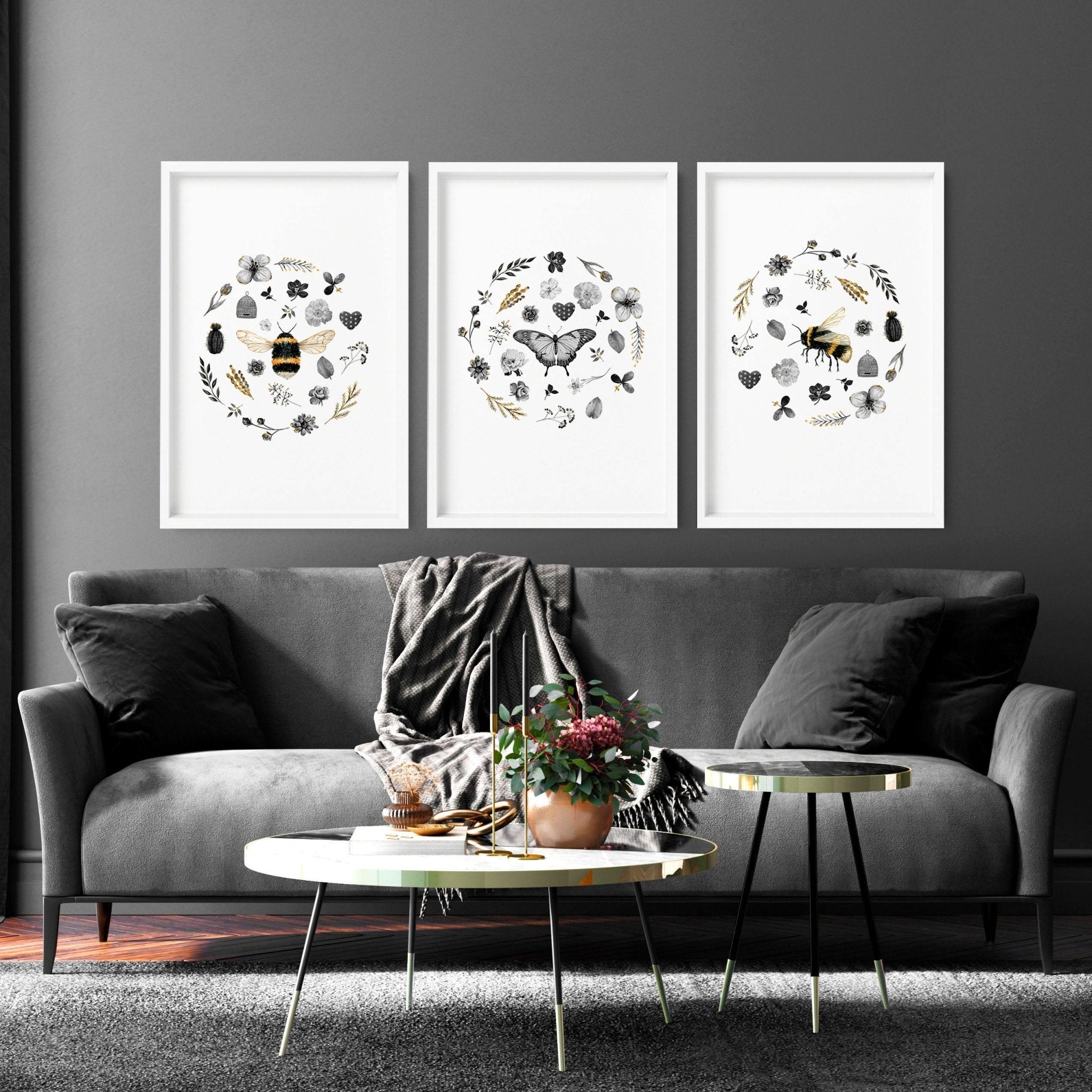 A set of 3 bee-themed wall art prints showcasing intricate designs and vibrant colors, perfect for entryway decor.