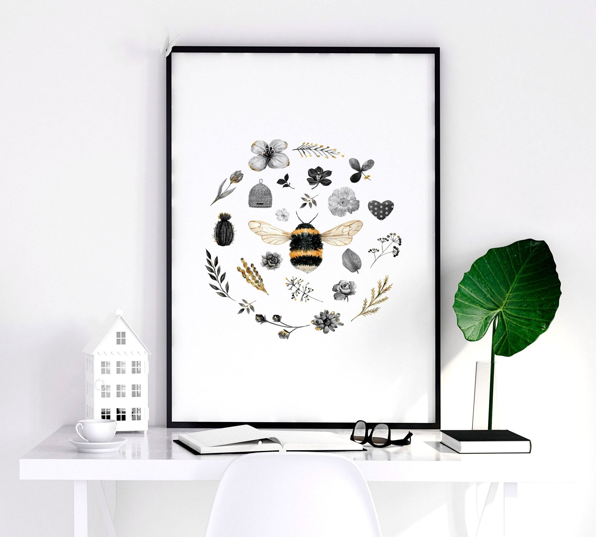 A set of 3 bee-themed wall art prints showcasing intricate designs and vibrant colors, perfect for entryway decor.