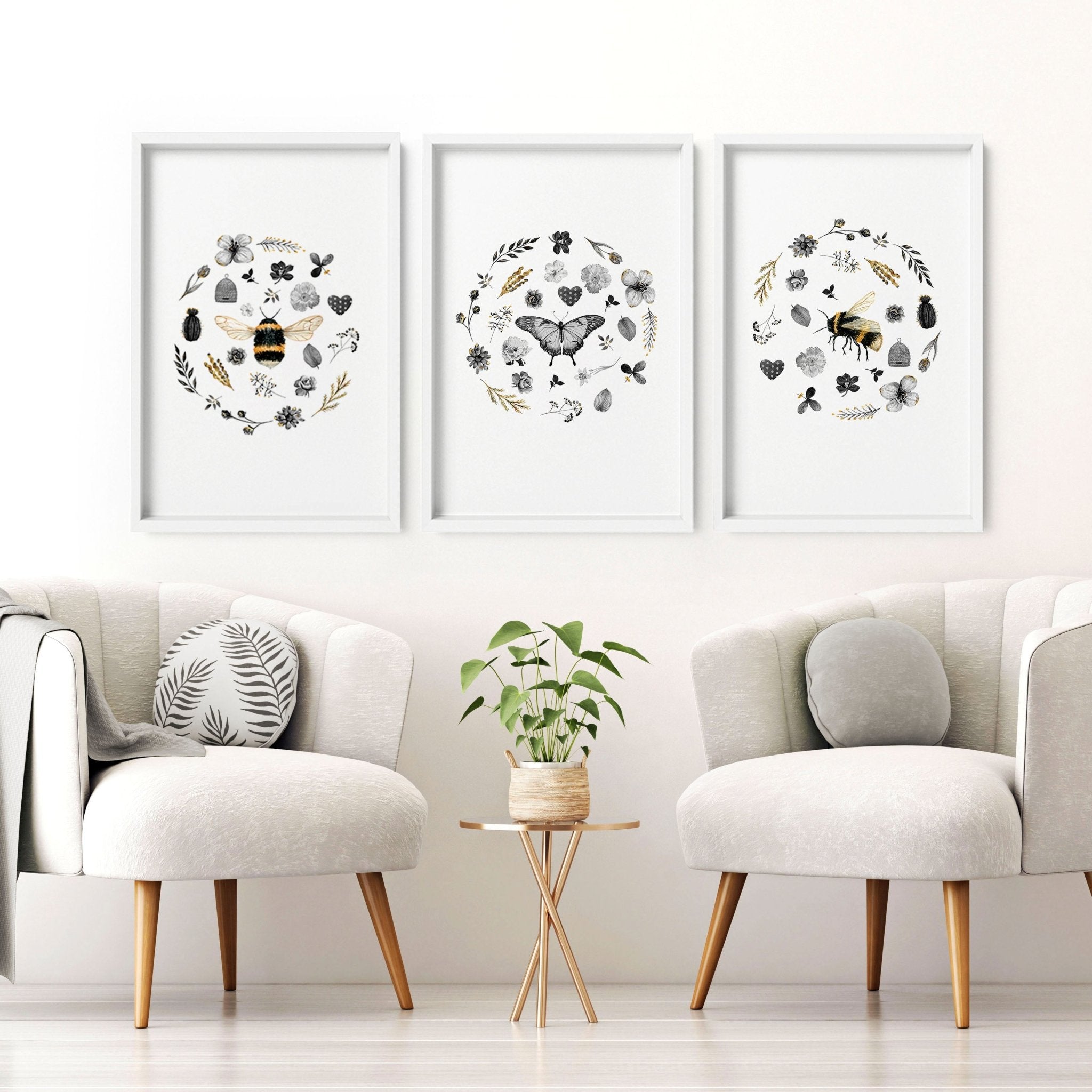 A set of 3 bee-themed wall art prints showcasing intricate designs and vibrant colors, perfect for entryway decor.