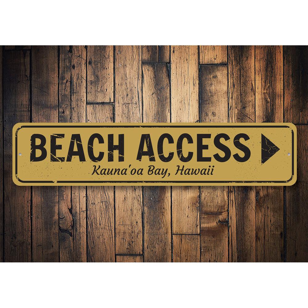 Beach Access Arrow Sign made of durable aluminum, featuring customizable text and pre-drilled holes for easy mounting.