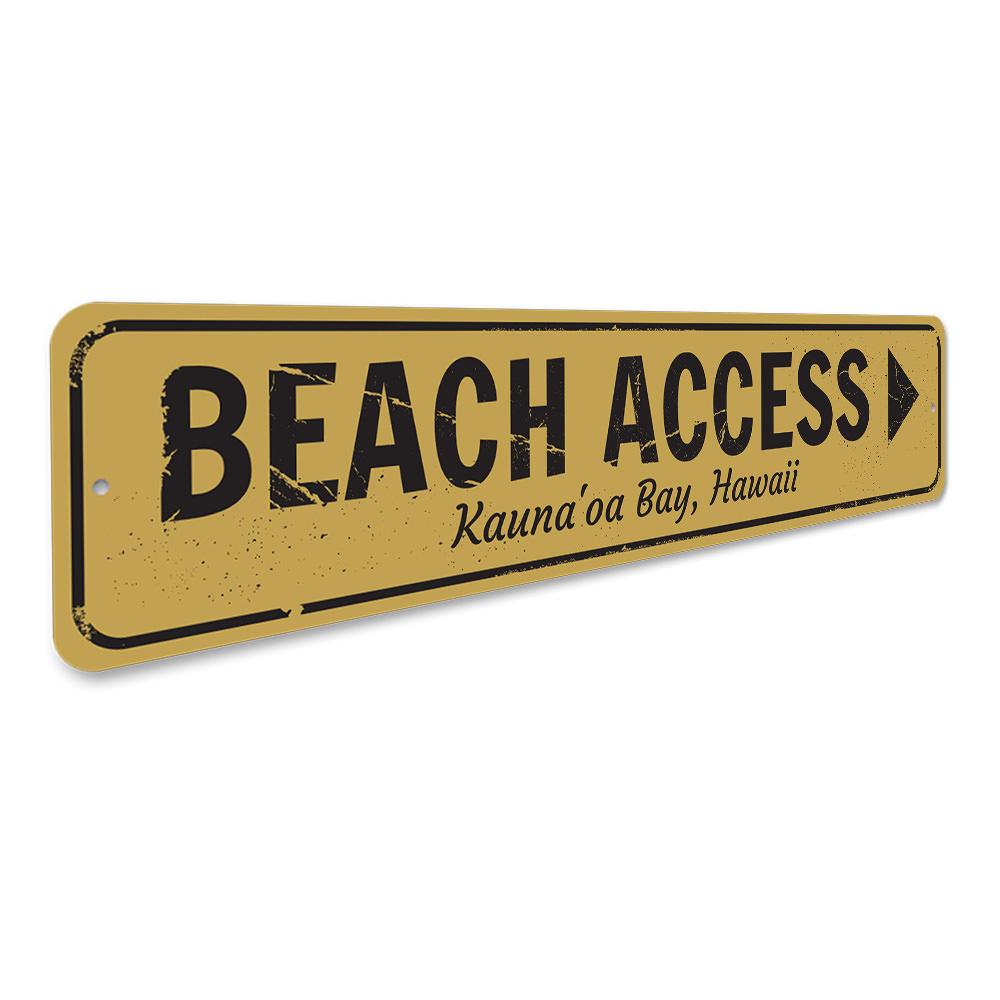 Beach Access Arrow Sign made of durable aluminum, featuring customizable text and pre-drilled holes for easy mounting.