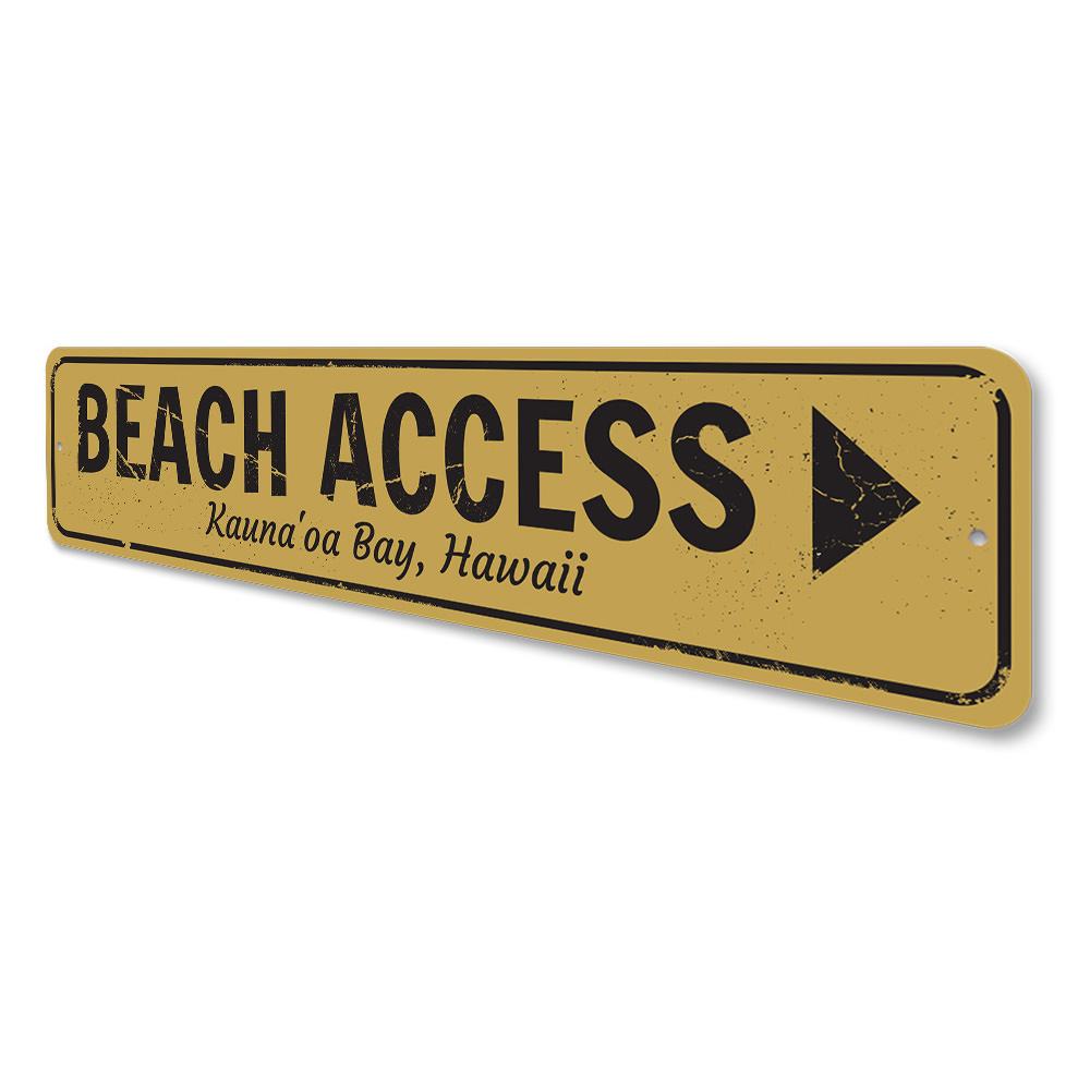 Beach Access Arrow Sign made of durable aluminum, featuring customizable text and pre-drilled holes for easy mounting.