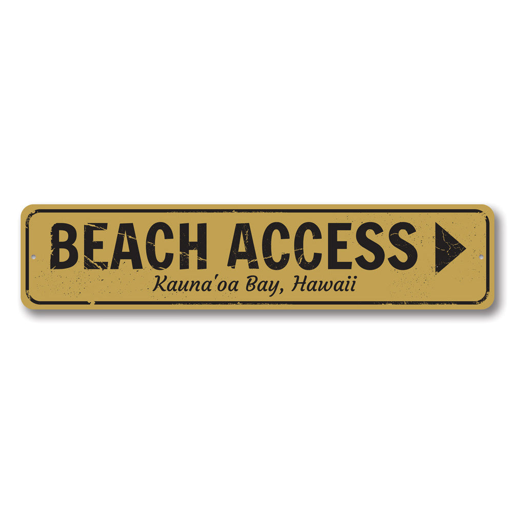 Beach Access Arrow Sign made of durable aluminum, featuring customizable text and pre-drilled holes for easy mounting.