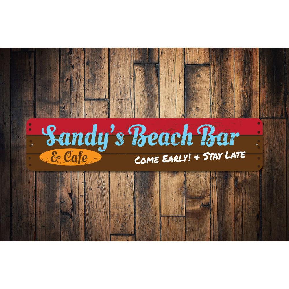 A beautifully crafted Beach Bar and Cafe Sign made from high-quality aluminum, showcasing customizable text options, perfect for lakehouses.