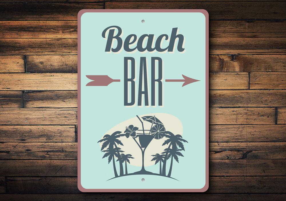 Beach Bar Directional Sign made of high-quality aluminum, featuring customizable text and pre-drilled holes for easy mounting.