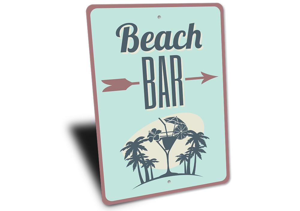 Beach Bar Directional Sign made of high-quality aluminum, featuring customizable text and pre-drilled holes for easy mounting.