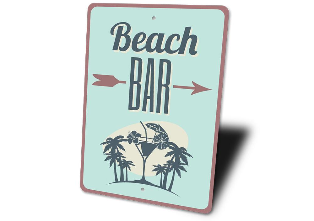 Beach Bar Directional Sign made of high-quality aluminum, featuring customizable text and pre-drilled holes for easy mounting.