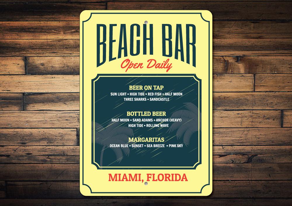 A decorative Beach Bar Menu Sign made of high-quality aluminum, featuring customizable text and vibrant colors, perfect for coastal decor.