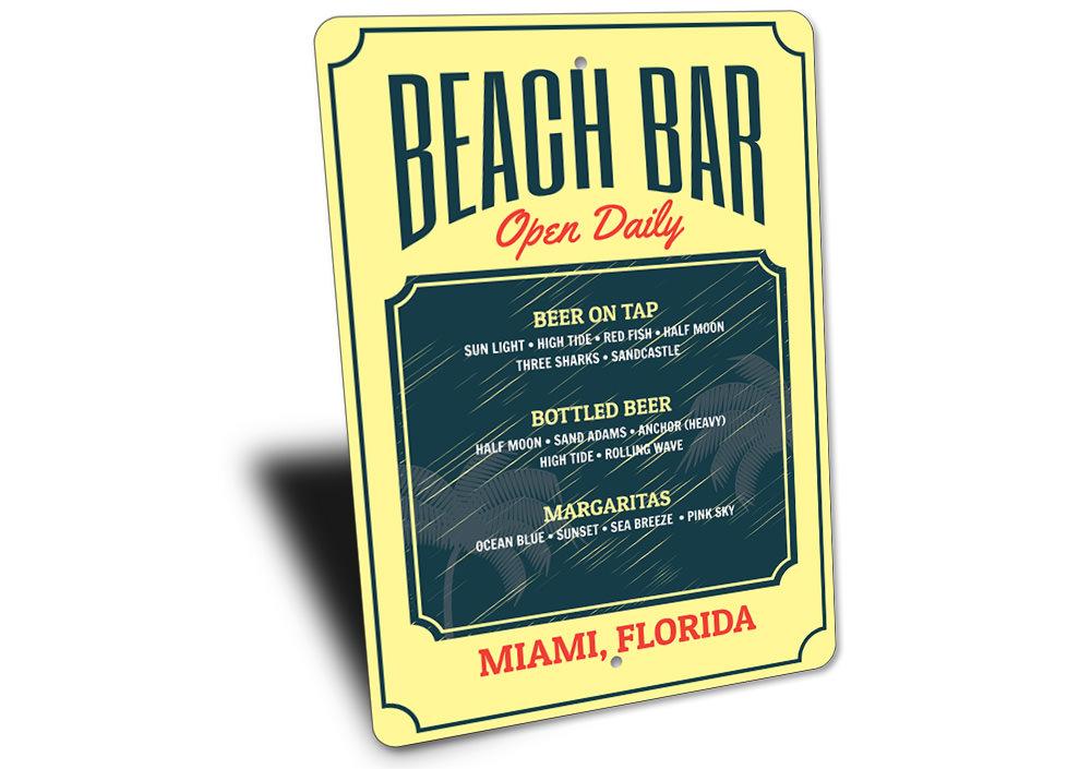 A decorative Beach Bar Menu Sign made of high-quality aluminum, featuring customizable text and vibrant colors, perfect for coastal decor.