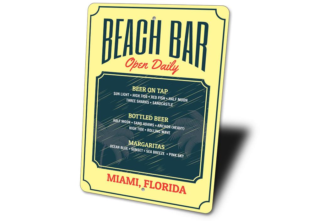 A decorative Beach Bar Menu Sign made of high-quality aluminum, featuring customizable text and vibrant colors, perfect for coastal decor.