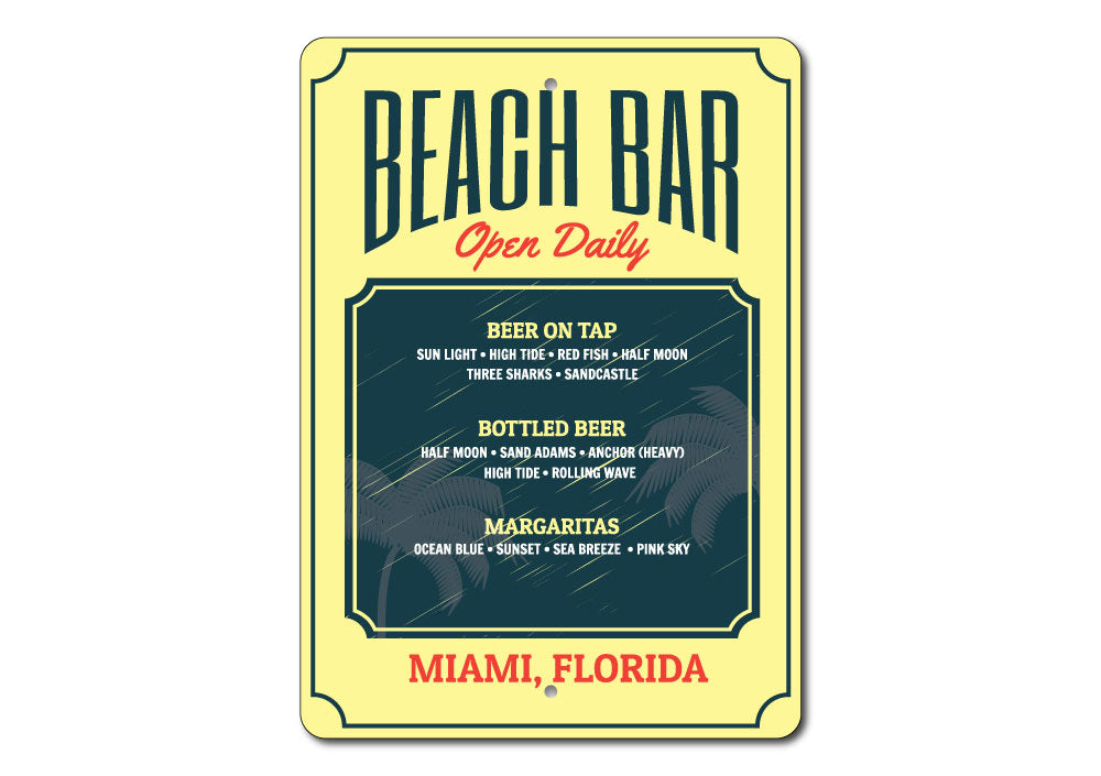 A decorative Beach Bar Menu Sign made of high-quality aluminum, featuring customizable text and vibrant colors, perfect for coastal decor.