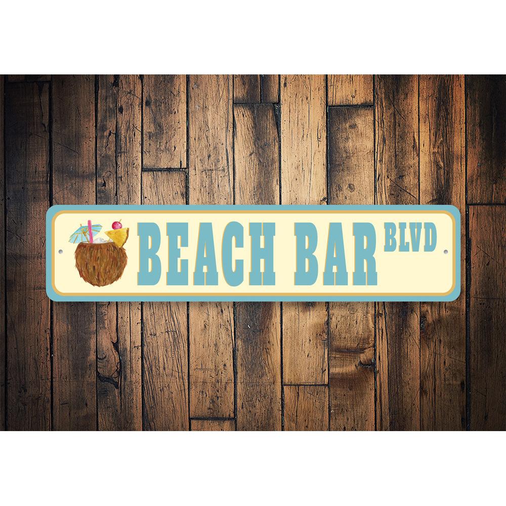 A vibrant Beach Bar Street Sign made of quality aluminum, featuring a colorful design perfect for home decor.