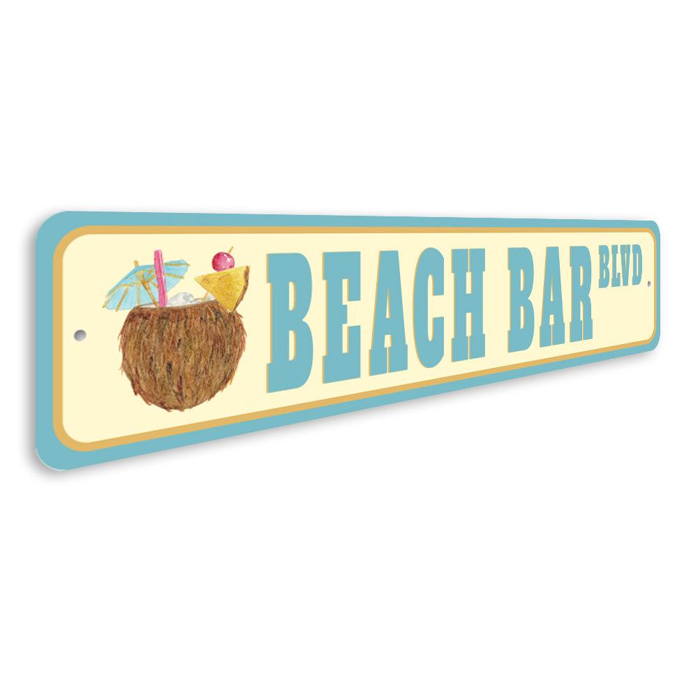 A vibrant Beach Bar Street Sign made of quality aluminum, featuring a colorful design perfect for home decor.