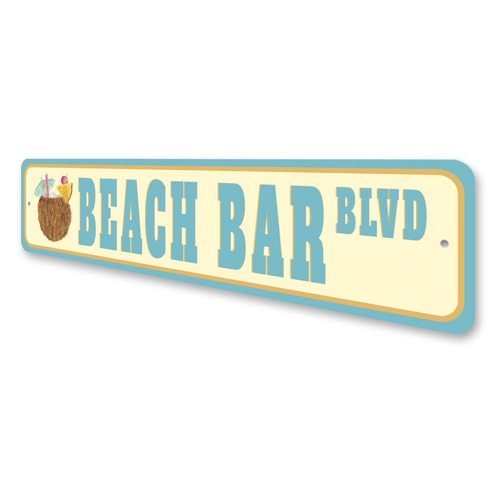 A vibrant Beach Bar Street Sign made of quality aluminum, featuring a colorful design perfect for home decor.