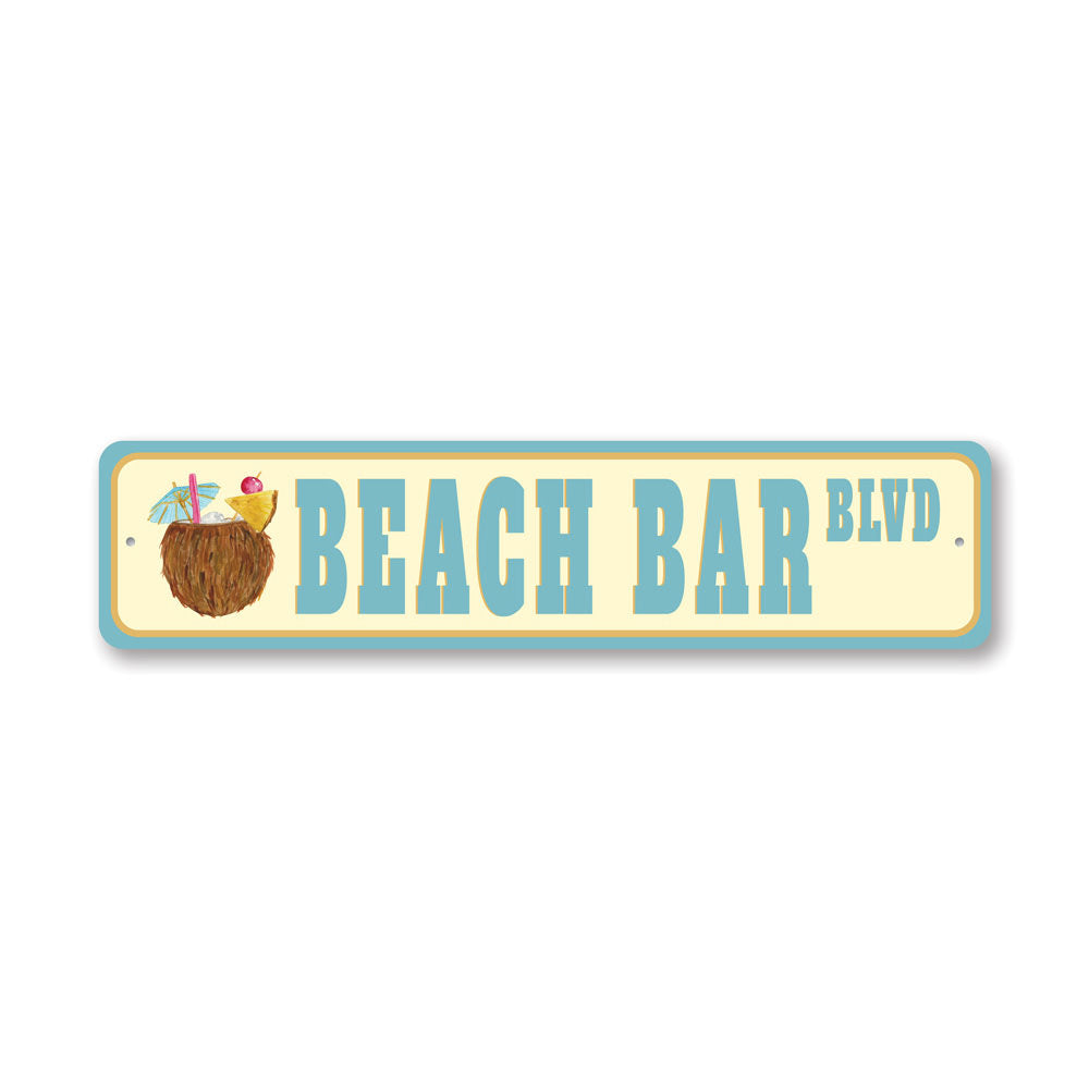 A vibrant Beach Bar Street Sign made of quality aluminum, featuring a colorful design perfect for home decor.