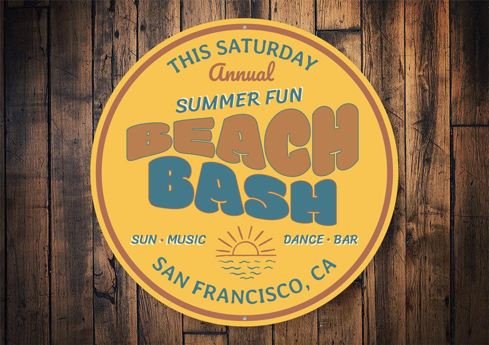 A vibrant Beach Bash Sign made of quality aluminum, featuring beach-themed graphics, perfect for home decor.