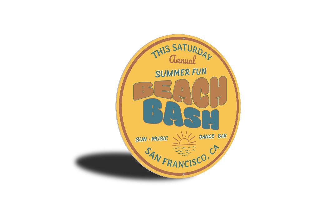 A vibrant Beach Bash Sign made of quality aluminum, featuring beach-themed graphics, perfect for home decor.