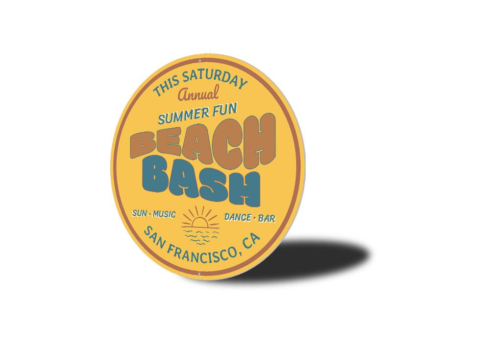 A vibrant Beach Bash Sign made of quality aluminum, featuring beach-themed graphics, perfect for home decor.