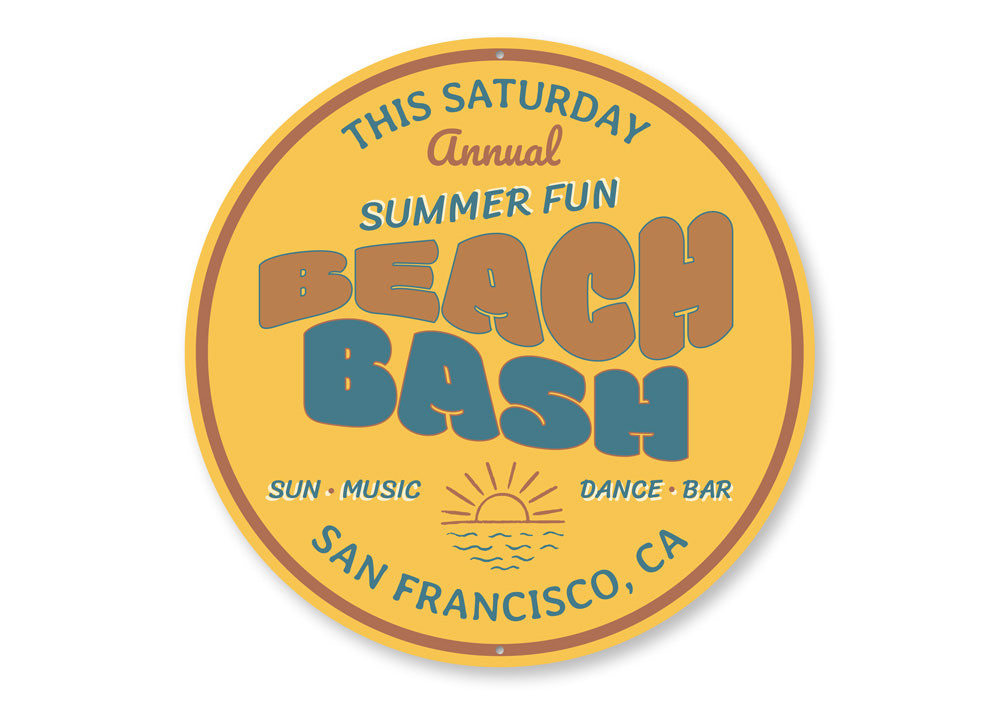 A vibrant Beach Bash Sign made of quality aluminum, featuring beach-themed graphics, perfect for home decor.