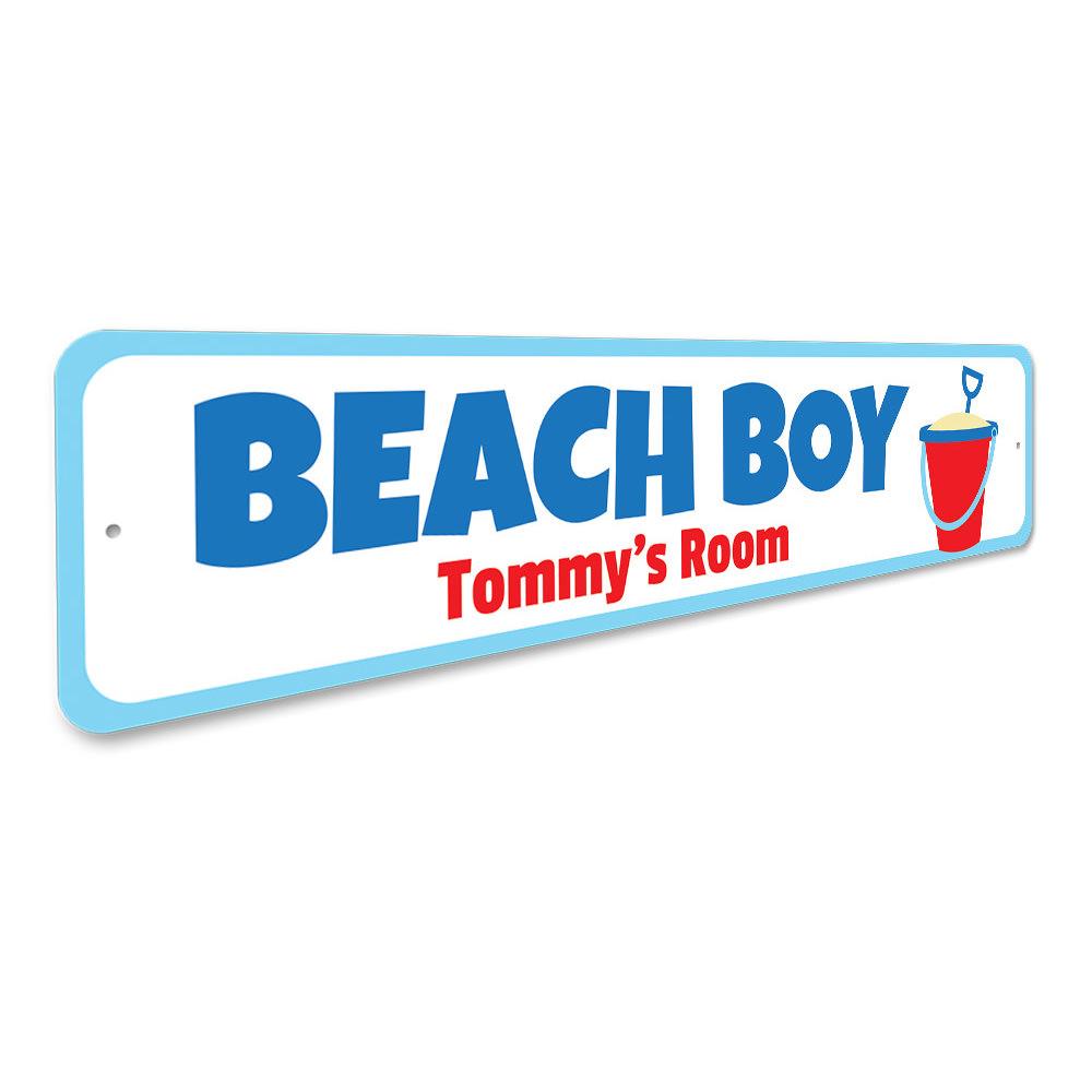 A colorful Beach Boy Sign made of aluminum, featuring beach-themed graphics and customizable text, perfect for kids' rooms.