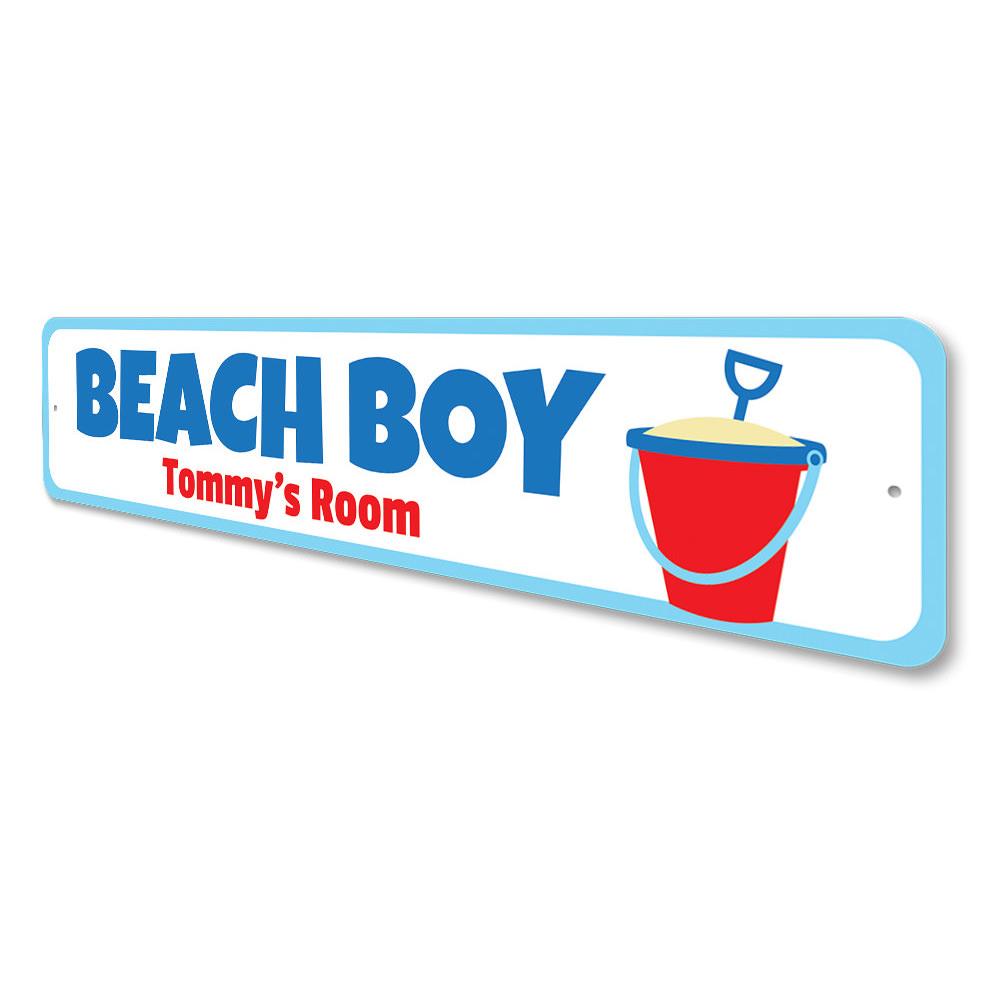 A colorful Beach Boy Sign made of aluminum, featuring beach-themed graphics and customizable text, perfect for kids' rooms.