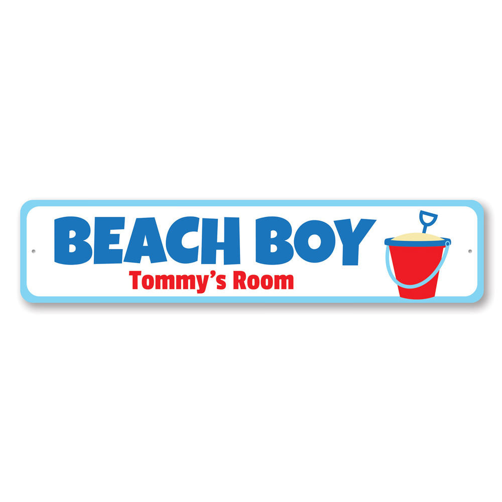 A colorful Beach Boy Sign made of aluminum, featuring beach-themed graphics and customizable text, perfect for kids' rooms.