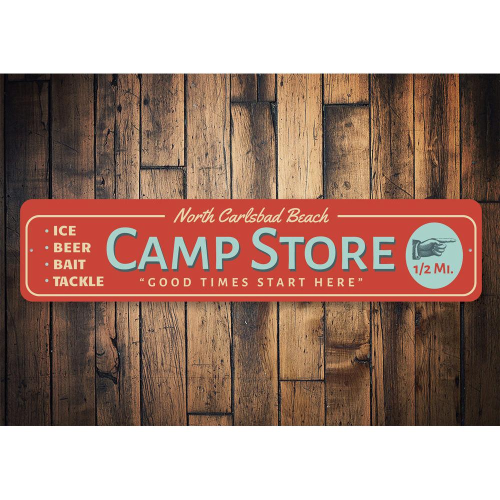 A decorative Beach Camp Store Sign made of high-quality aluminum, featuring customizable text and pre-drilled holes for easy mounting.