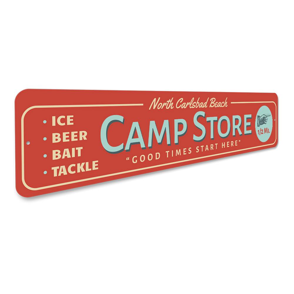 A decorative Beach Camp Store Sign made of high-quality aluminum, featuring customizable text and pre-drilled holes for easy mounting.