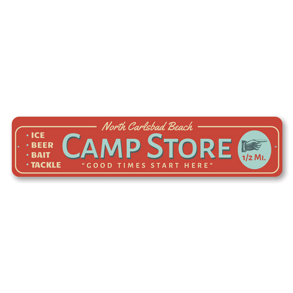 A decorative Beach Camp Store Sign made of high-quality aluminum, featuring customizable text and pre-drilled holes for easy mounting.