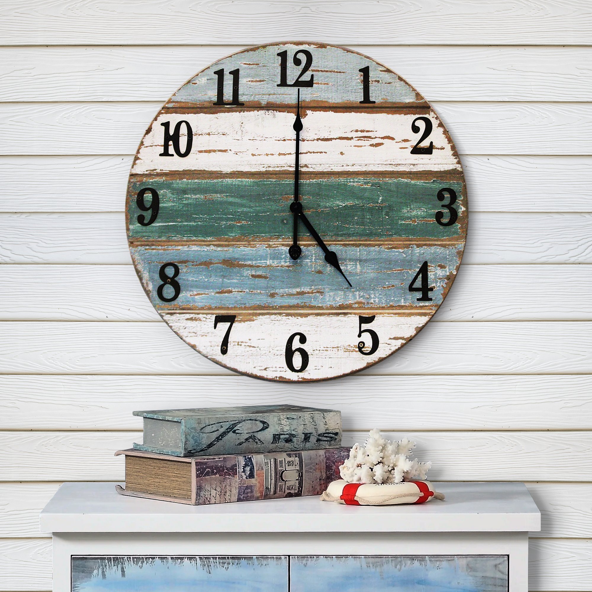 18-inch Beach Wall Clock featuring real wood and cast iron numbers, showcasing rustic and farmhouse style.