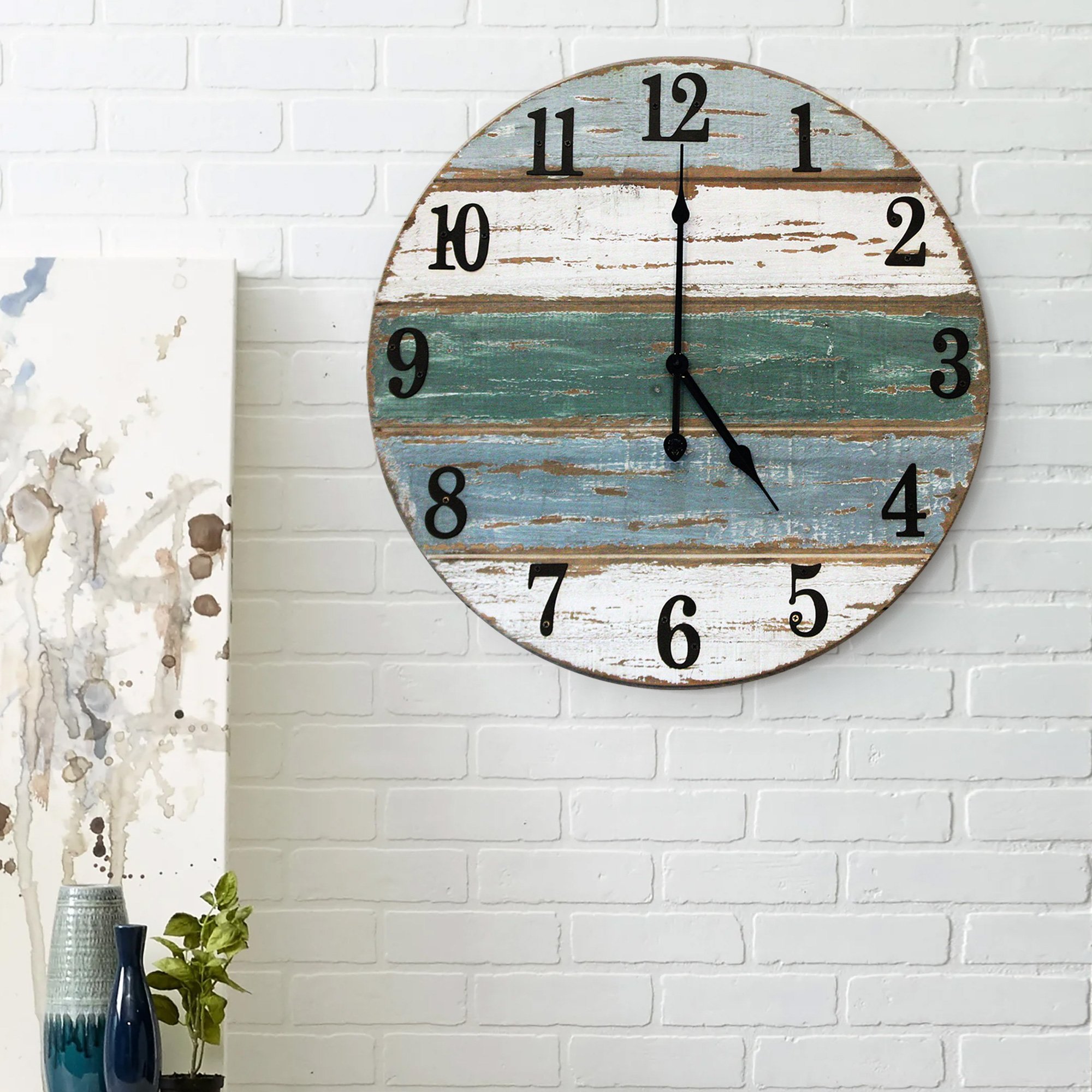 18-inch Beach Wall Clock featuring real wood and cast iron numbers, showcasing rustic and farmhouse style.