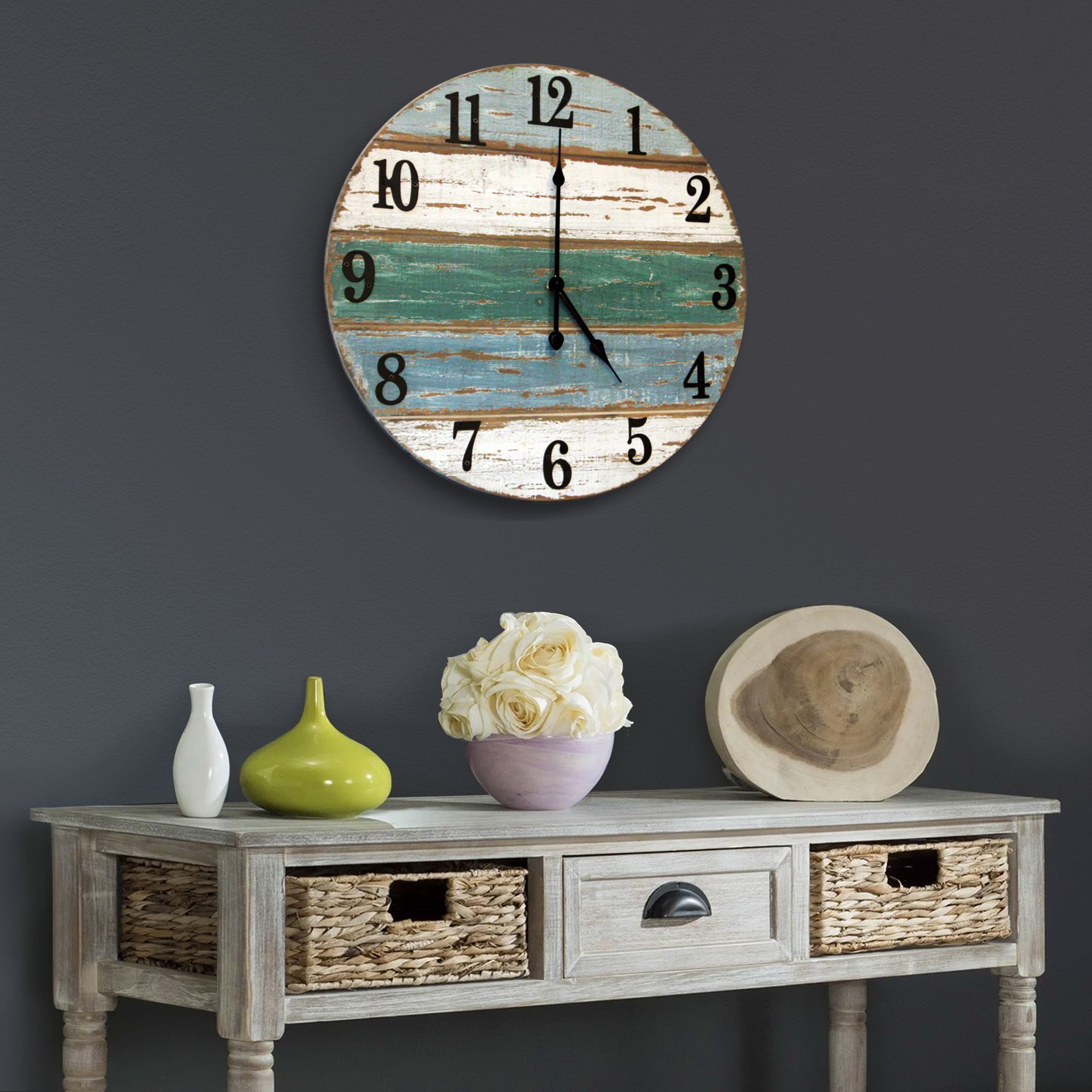 18-inch Beach Wall Clock featuring real wood and cast iron numbers, showcasing rustic and farmhouse style.