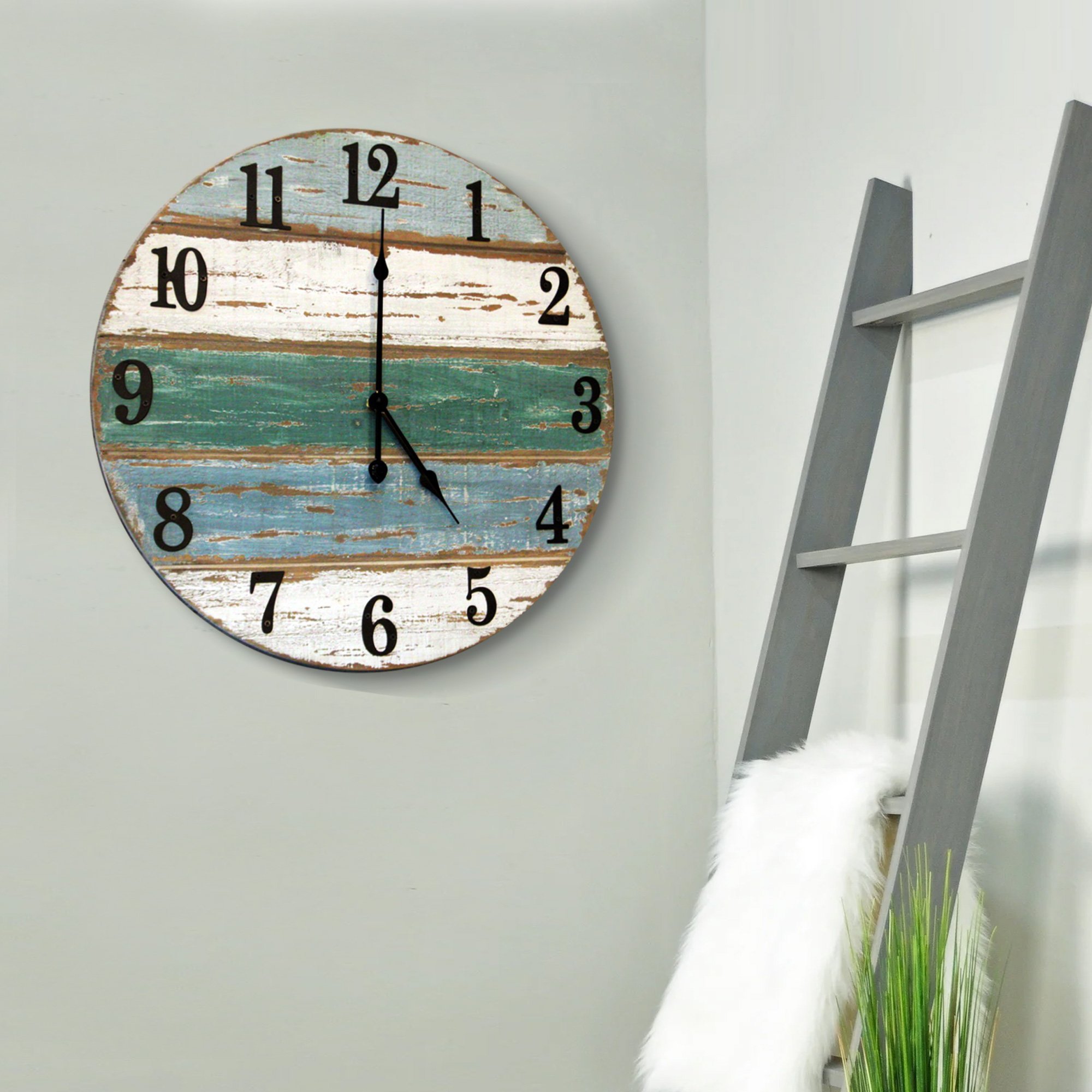 18-inch Beach Wall Clock featuring real wood and cast iron numbers, showcasing rustic and farmhouse style.