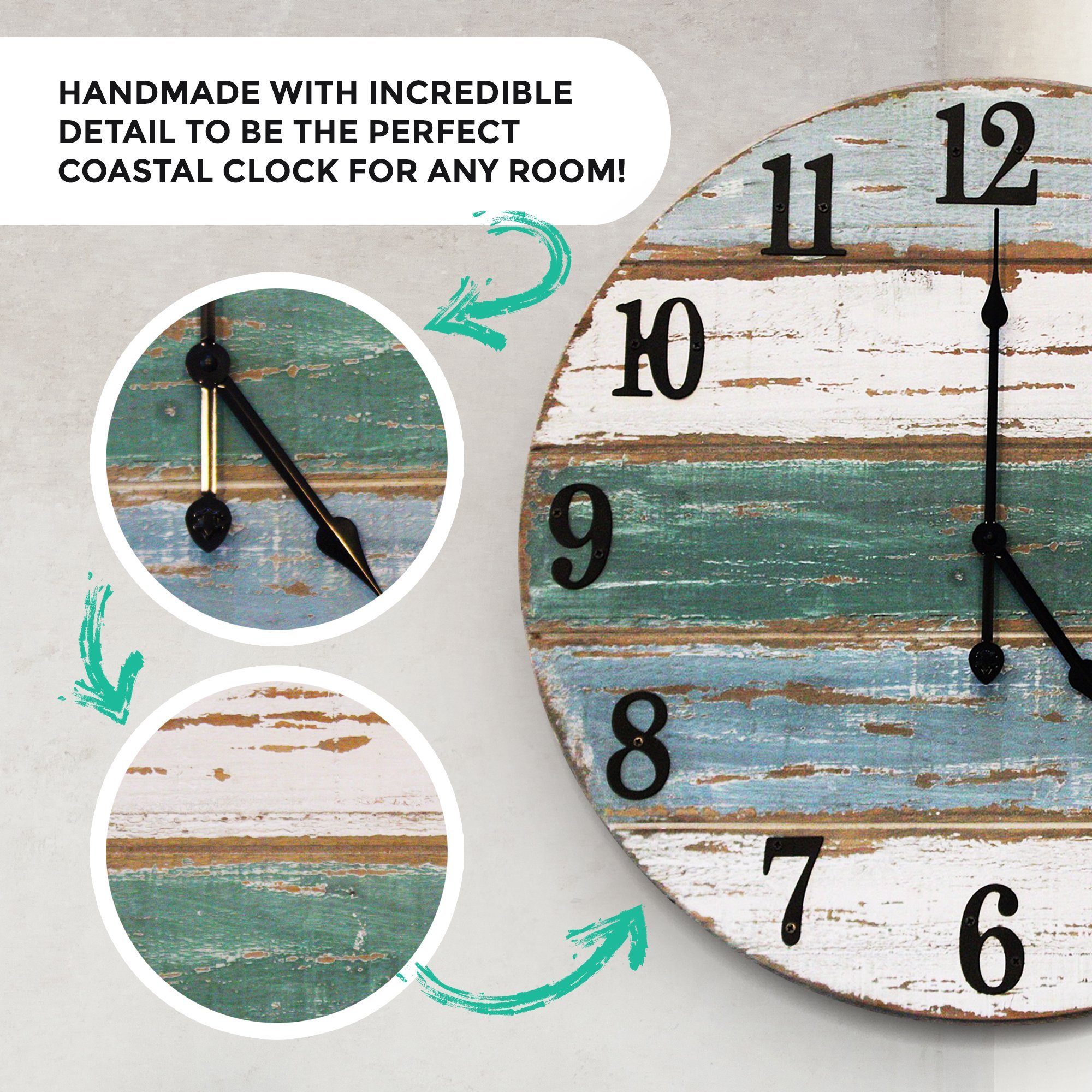 18-inch Beach Wall Clock featuring real wood and cast iron numbers, showcasing rustic and farmhouse style.