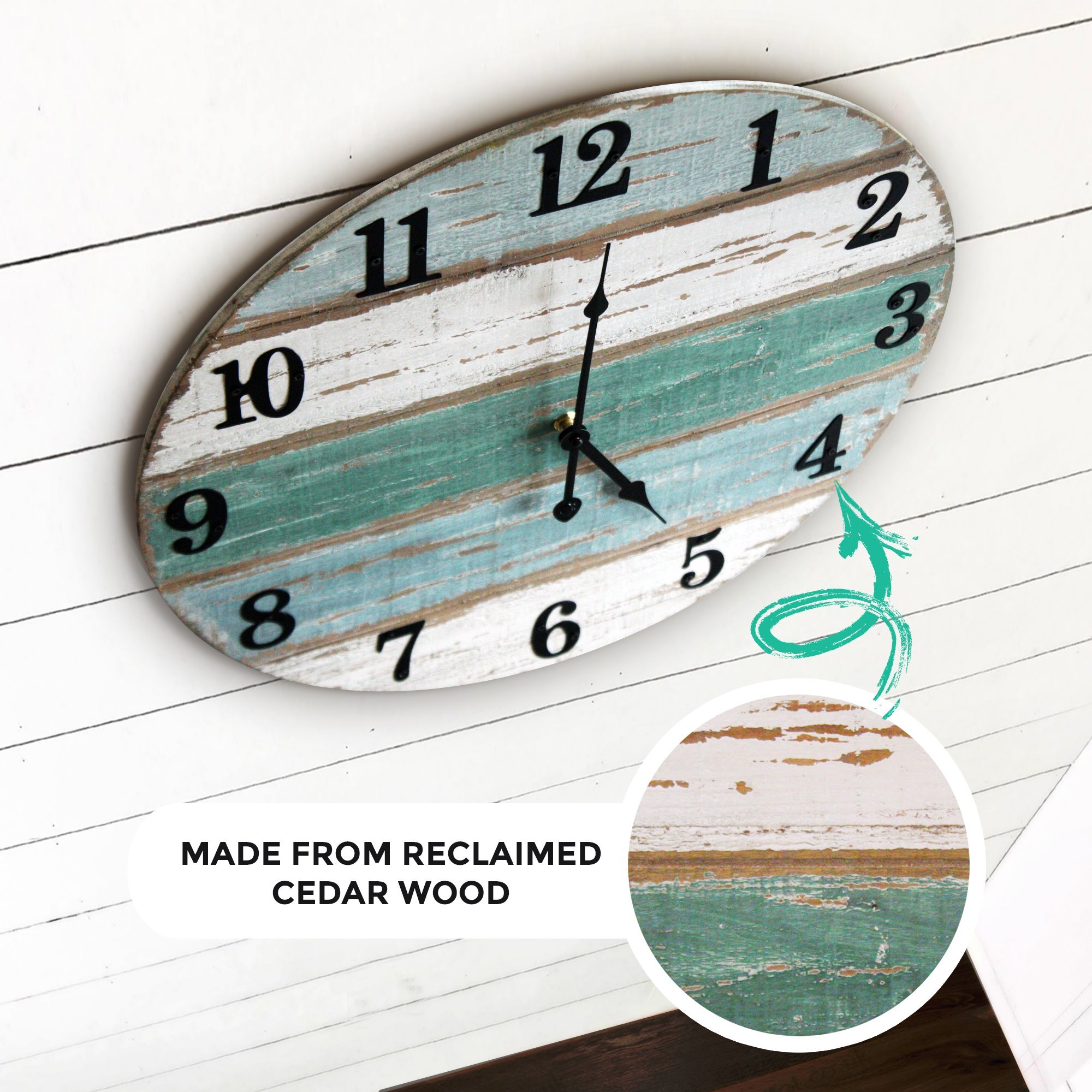 18-inch Beach Wall Clock featuring real wood and cast iron numbers, showcasing rustic and farmhouse style.