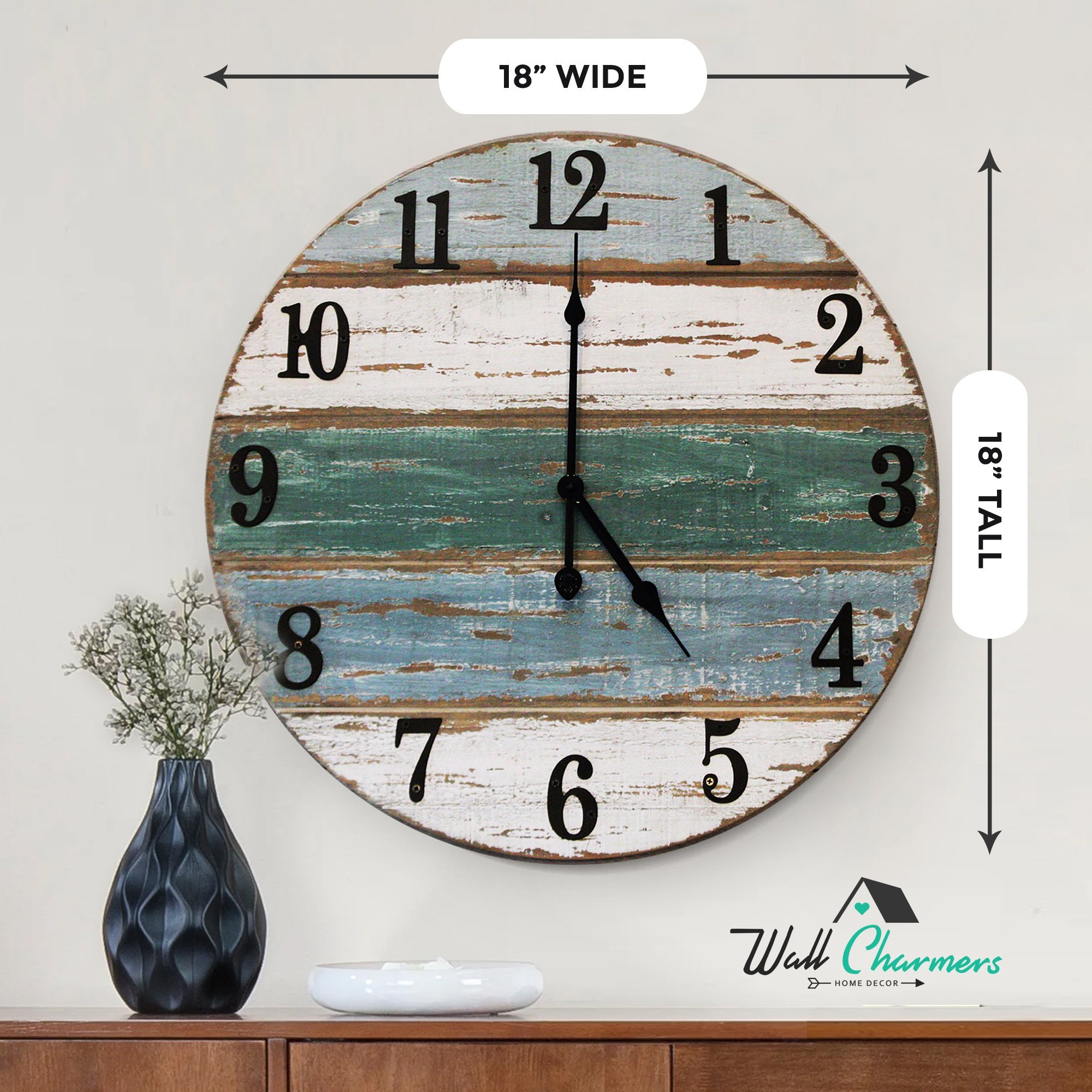 18-inch Beach Wall Clock featuring real wood and cast iron numbers, showcasing rustic and farmhouse style.