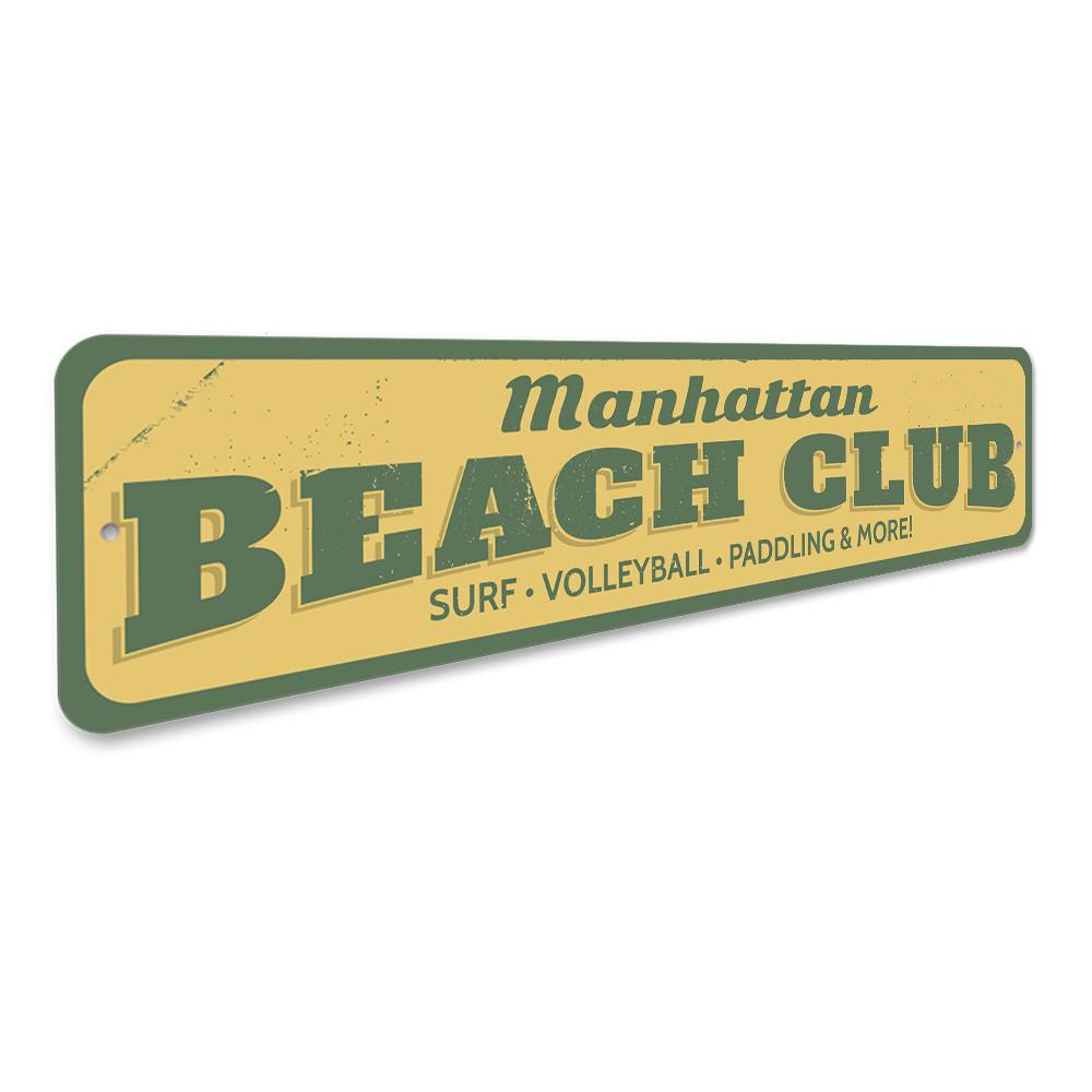 A beautifully crafted Beach Club Sign made of aluminum, featuring customizable text and a coastal design, perfect for beach houses and outdoor decor.