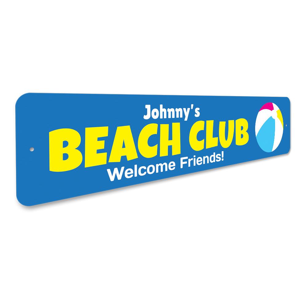 A decorative Beach Club Welcome Sign made of high-quality aluminum, featuring customizable text and a coastal design, perfect for home decor.