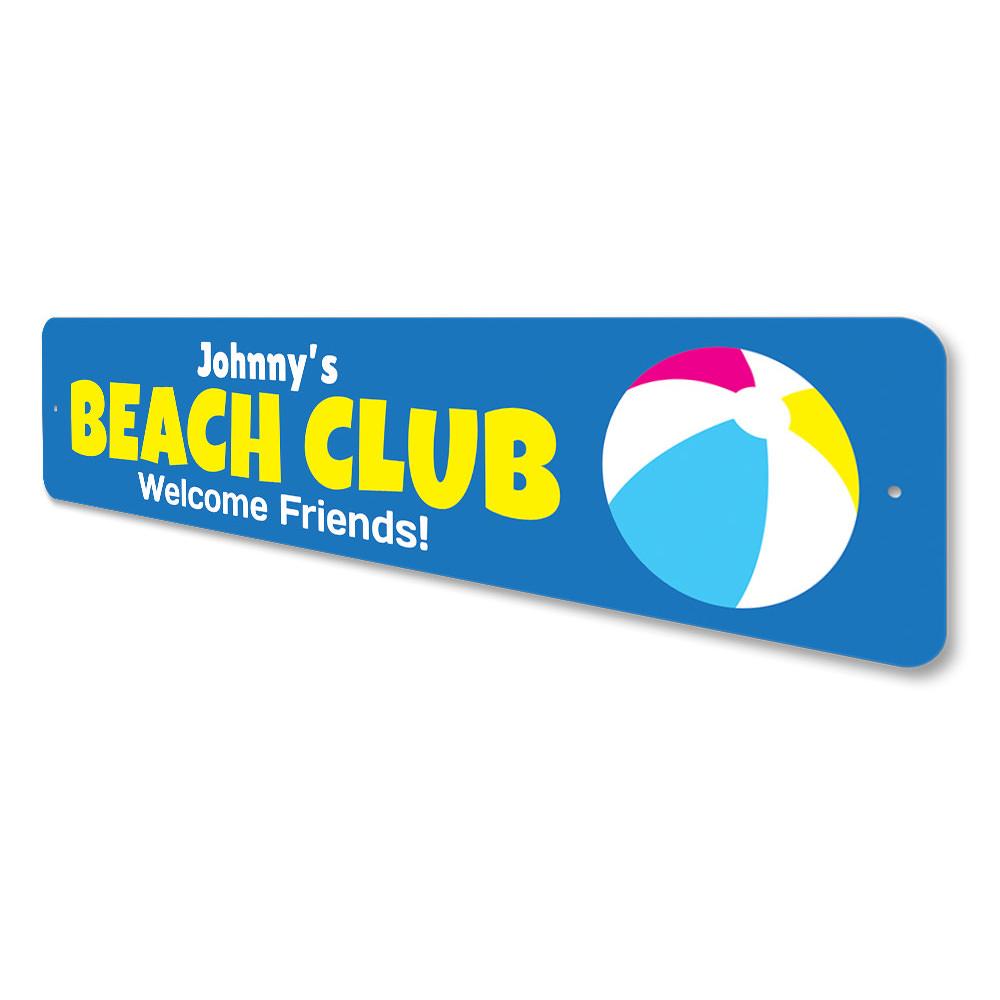 A decorative Beach Club Welcome Sign made of high-quality aluminum, featuring customizable text and a coastal design, perfect for home decor.