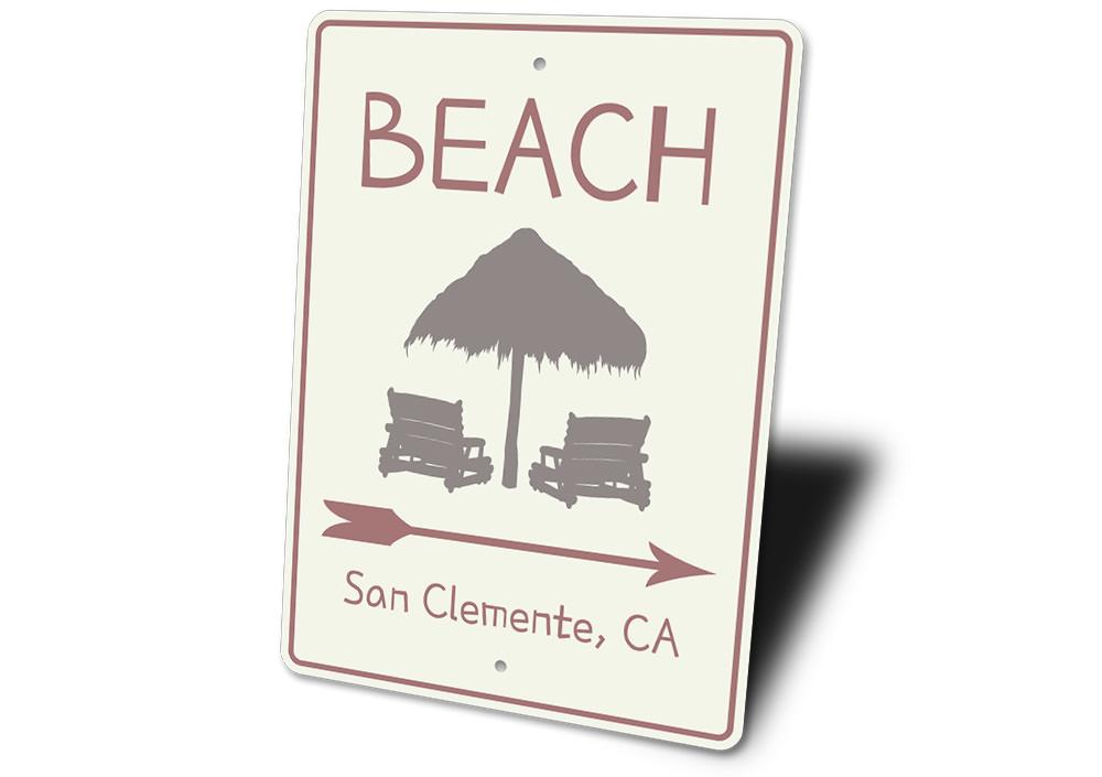 Beach Directional Arrow Sign made of aluminum, featuring customizable text and pre-drilled holes for easy mounting.