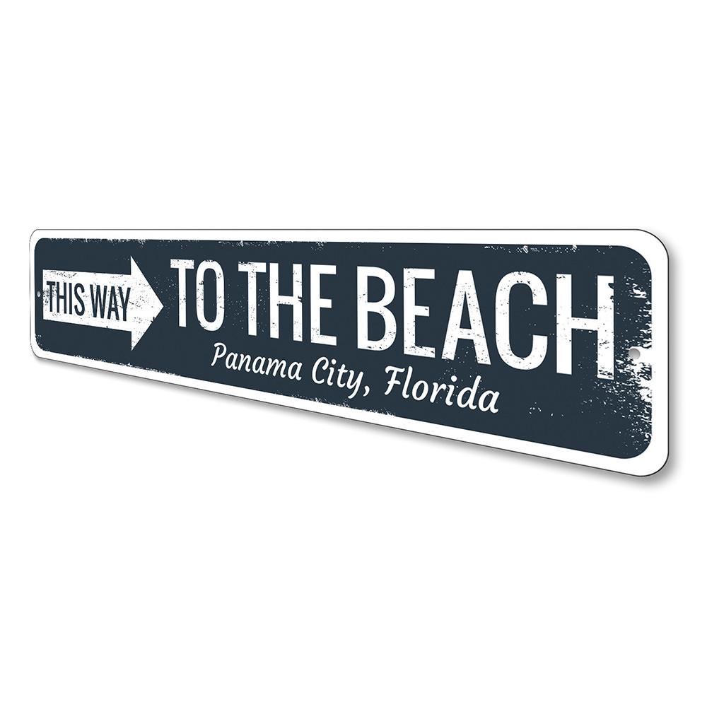 A beautifully crafted Beach Directional Sign made of aluminum, featuring customizable text and a coastal design, perfect for beach houses and decor.