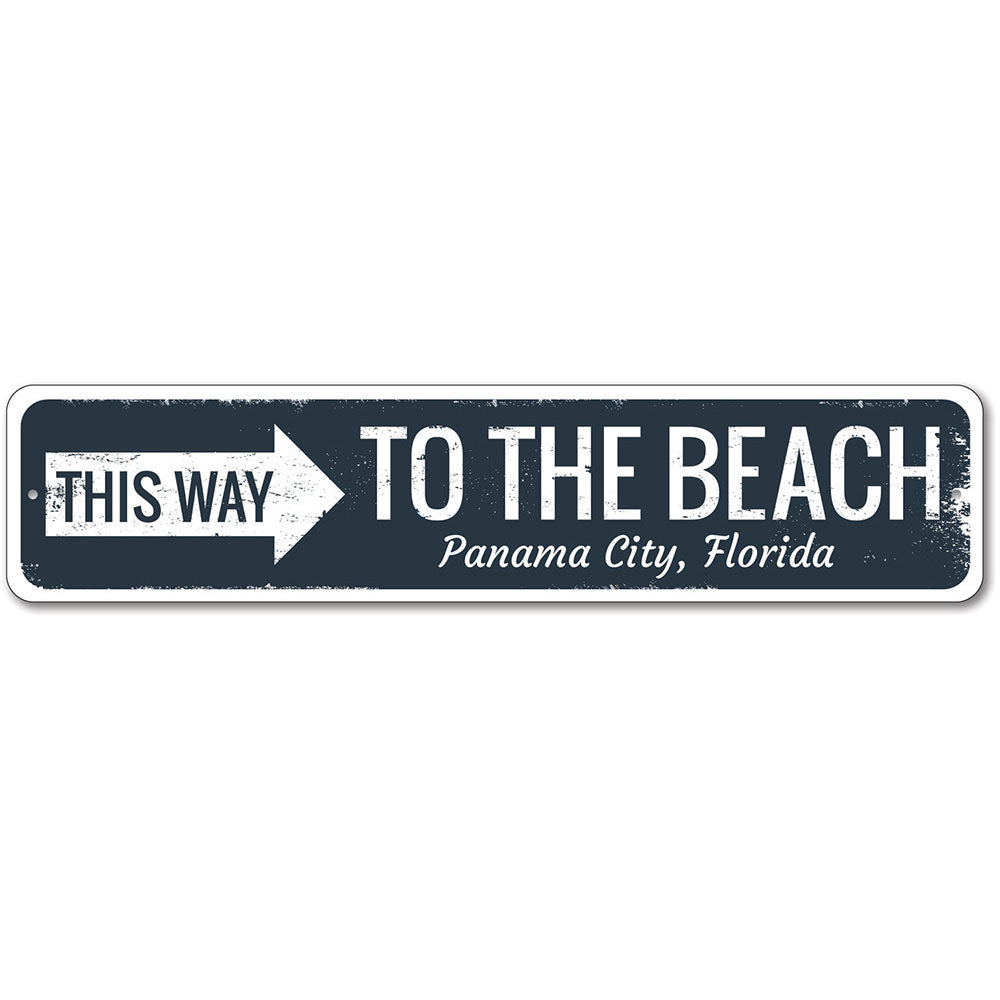 A beautifully crafted Beach Directional Sign made of aluminum, featuring customizable text and a coastal design, perfect for beach houses and decor.