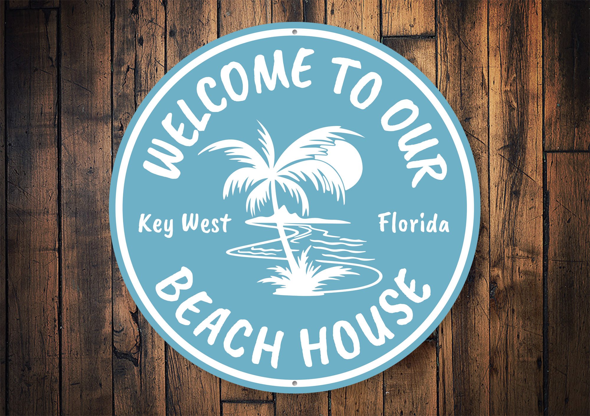 Custom Beach House Key West Sign made of high-quality aluminum, featuring a coastal design perfect for beach houses and seaside decor.