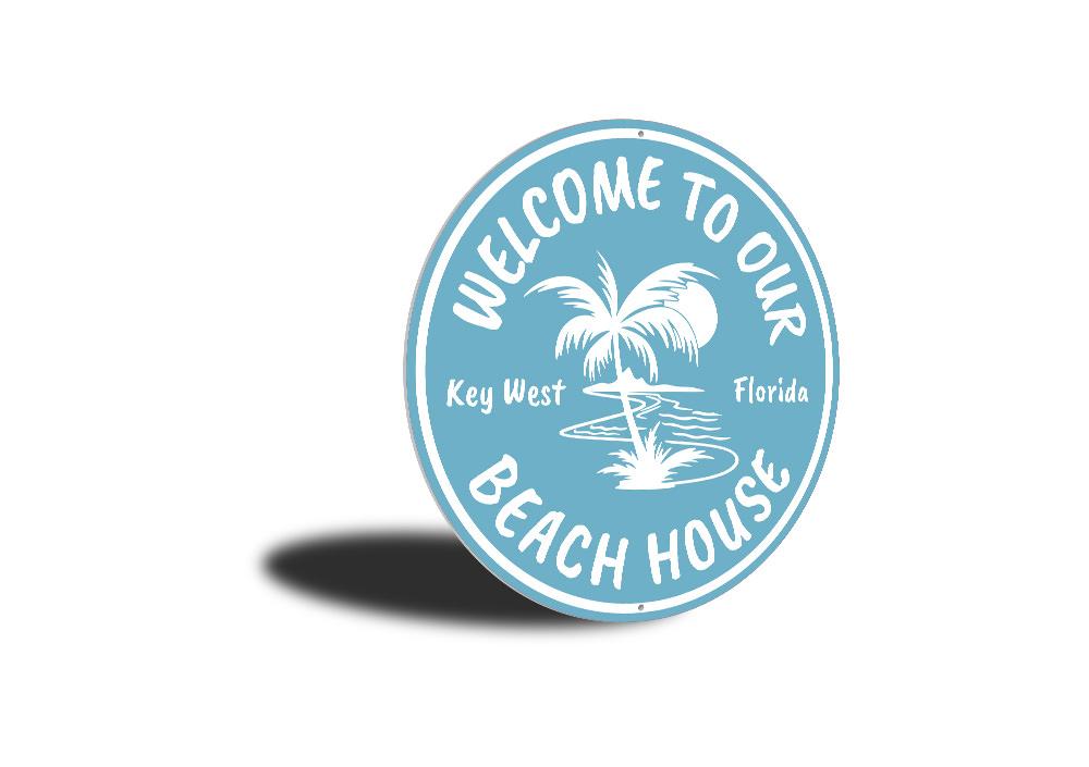 Custom Beach House Key West Sign made of high-quality aluminum, featuring a coastal design perfect for beach houses and seaside decor.