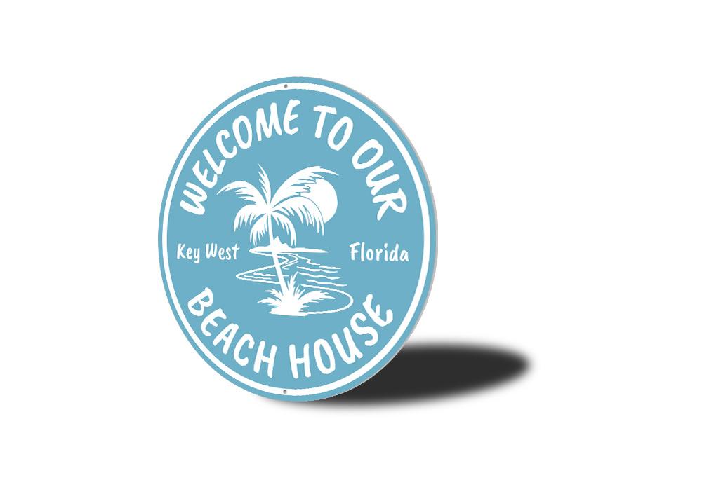 Custom Beach House Key West Sign made of high-quality aluminum, featuring a coastal design perfect for beach houses and seaside decor.