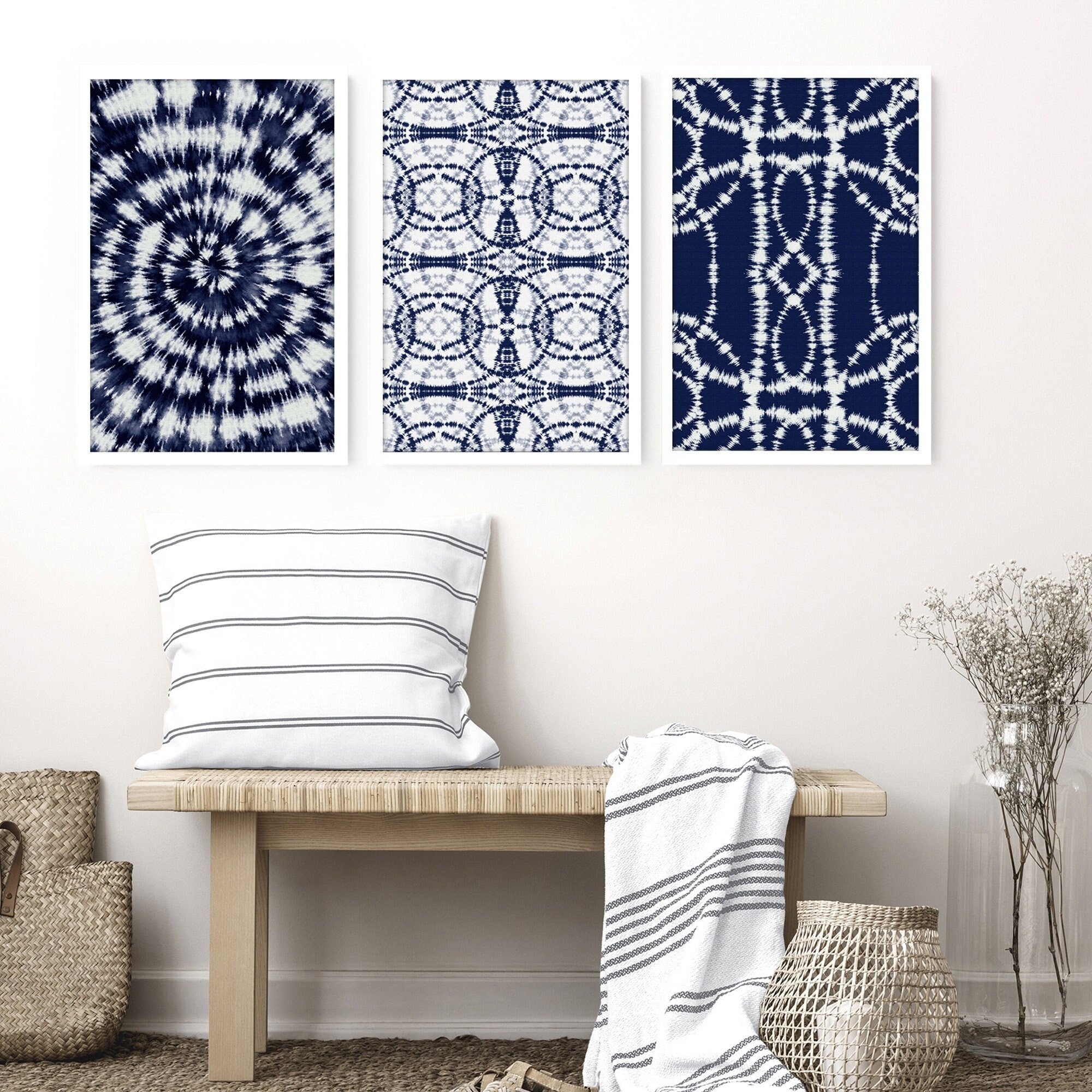 Set of 3 Indigo Shibori tie dye wall art prints showcasing intricate patterns in deep indigo hues, perfect for beach hut decor.