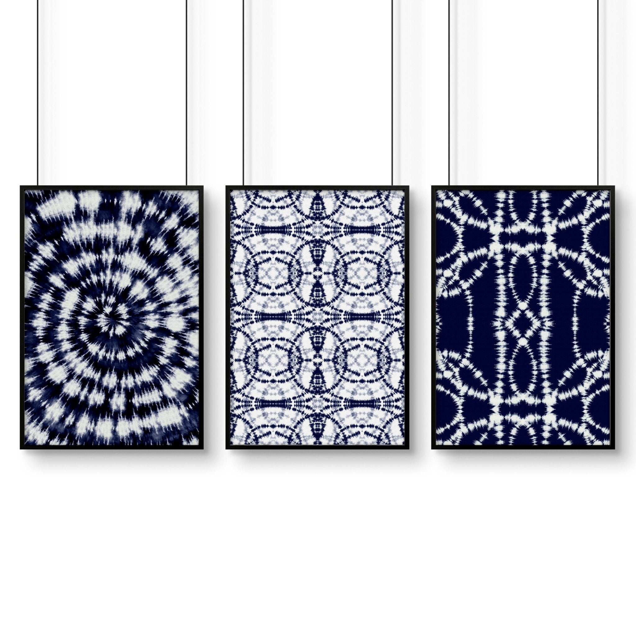 Set of 3 Indigo Shibori tie dye wall art prints showcasing intricate patterns in deep indigo hues, perfect for beach hut decor.